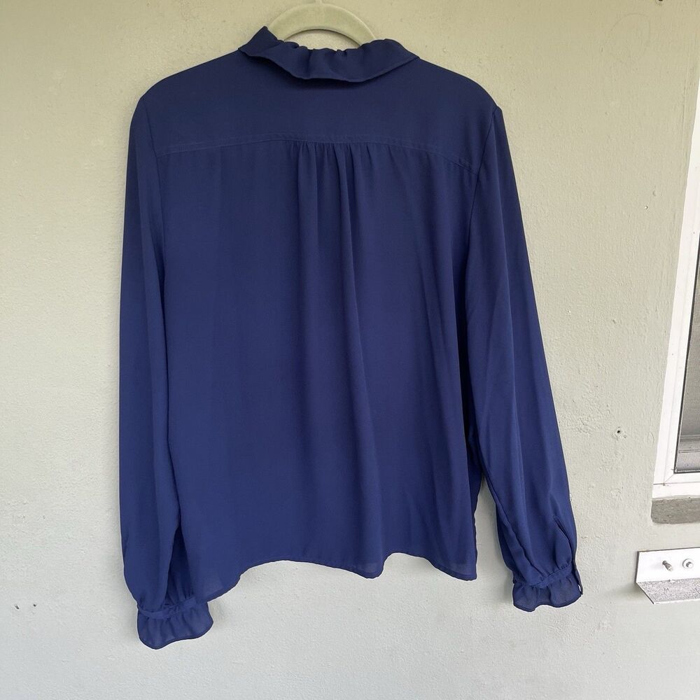 J Crew Navy Sheer Ruffle Blouse Women 12 Gold Button Long Sleeve Preppy Romantic - Picture 9 of 14